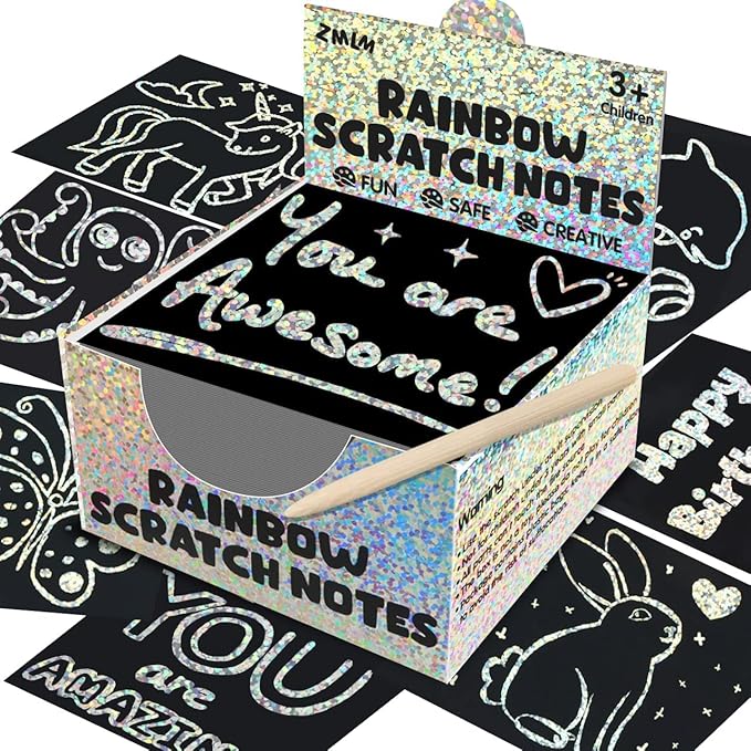 ZMLM Rainbow Scratch Art Paper Mini Note for Kids Gifts Ages 4-8 Bulk Craft Supplies for Teen Girls Boys Easter Basket Stuffers Birthday Classroom Party Games Toy Valentines Day Gift（Silver