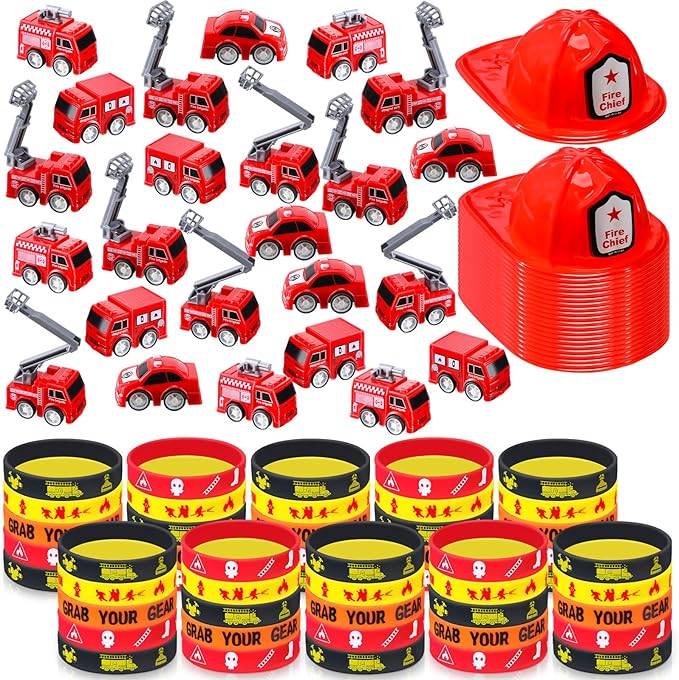 Poen 100 Pieces Mini Fire Engine Toy Trucks Firefighter Chief Soft Plastic Hat Silicone Bracelets Firefighter Birthday Party Supplies Fire Truck Toy Party Favor for Kids Boys Girls