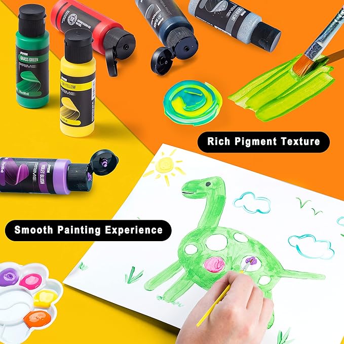 JOYIN 12PCS Washable Kids Tempera Paint Set (2 oz Each), Liquid Poster Paint with 6 Brushes, 2 Palette & 1 Paint Brush Clean Bucket, Non-Toxic Kids Paint for Finger Painting, Hobby Painters