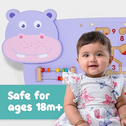 SPARK & WOW Hippo Activity Wall Panel | Ages 18m+ | Montessori Sensory Wall Toy | 3 Activities | Busy Board | Toddler Room Decor