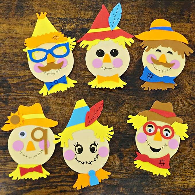 4E's Novelty Scarecrow Fall Crafts for Kids (12 Pack) Foam Self Adhesive, Crafts for Kids Bulk with Magnet, Halloween, Thanksgiving DIY Party Favors Activity for Ages 3-12