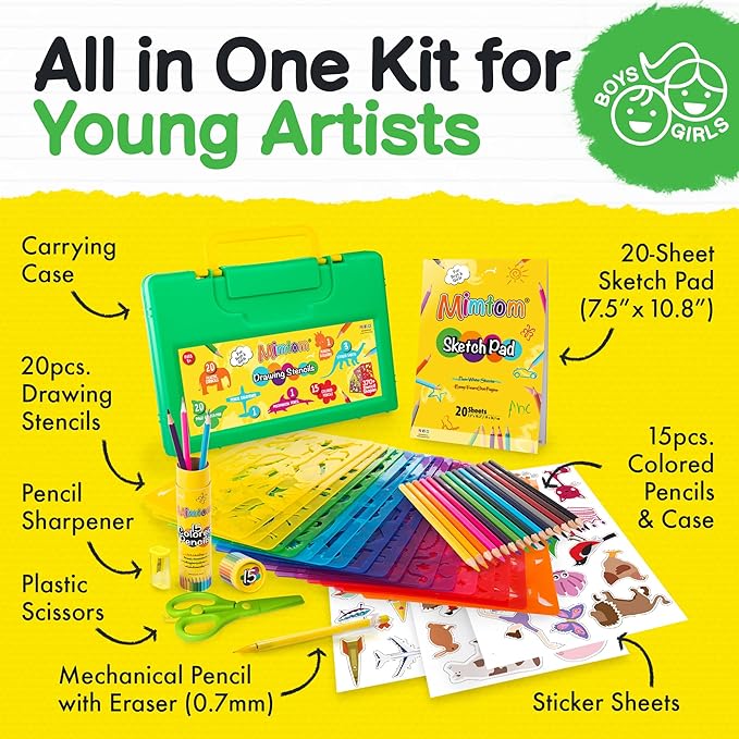 Drawing Stencil Kit for Kids, 60 PC Art Set with 370+ Shapes, Sketch Pad, and Colored Pencils for DIY Arts and Crafts for Boys and Girls, Draw with Letter, Animal and Car Stencils, Green