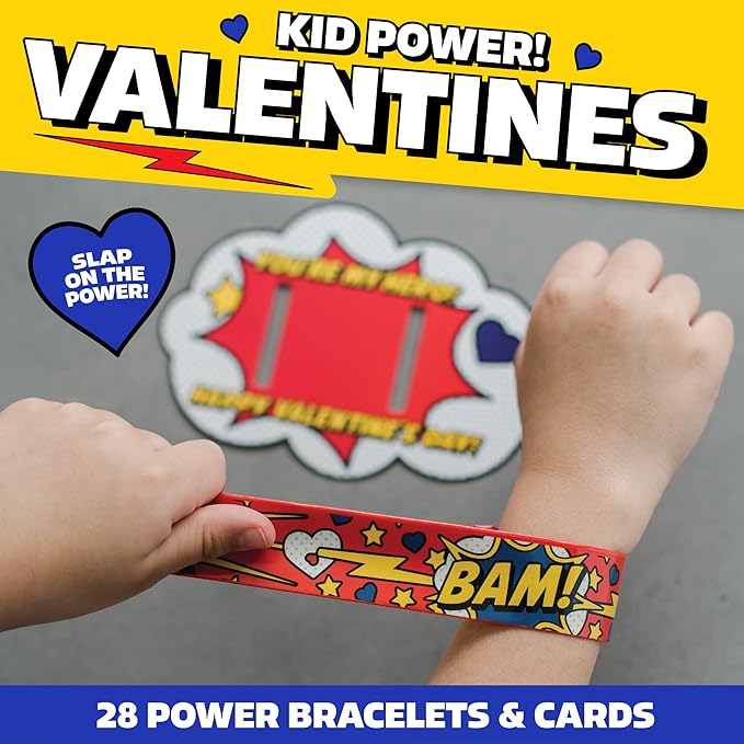 Peaceable Kingdom Valentines Cards for Kids Classroom, Set of 28 Valentines Day Gifts - Kid Power Slap Bracelets