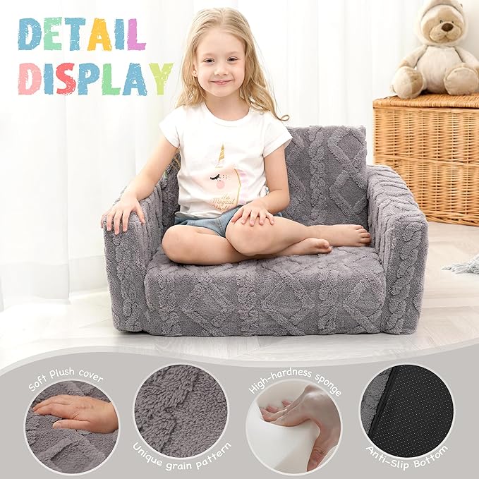 Kids Sofa, Toddler Chair, 2-in-1 Flannel Kids Fold Out Couch, Toddler Convertible Sofa to Lounger, Flip Open Toddler Couch for Kids (Grey)