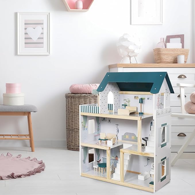 Lil' Jumbl Kids Wooden Dollhouse, 17-Piece Accessories & Furniture are Included, with Balcony & Stairs, 3 Story Easy to Assemble Doll House Toy - Green