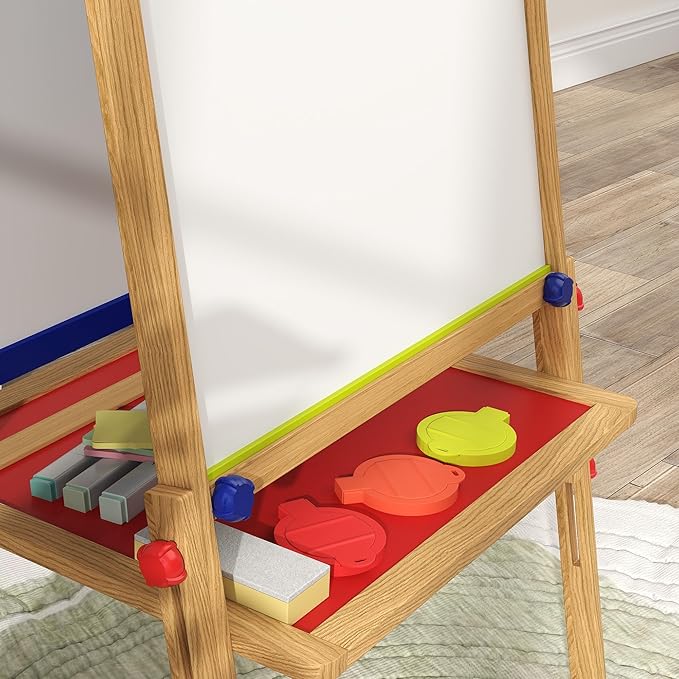 Qaba Easel for Kids, 3 in 1 Kids Art Easel with Paper Roll, Whiteboard, Chalkboard, Double Sided & Adjustable Height Wooden Toddler Easel with Painting Accessories, for Kids 3-8 Years, Nature Wood