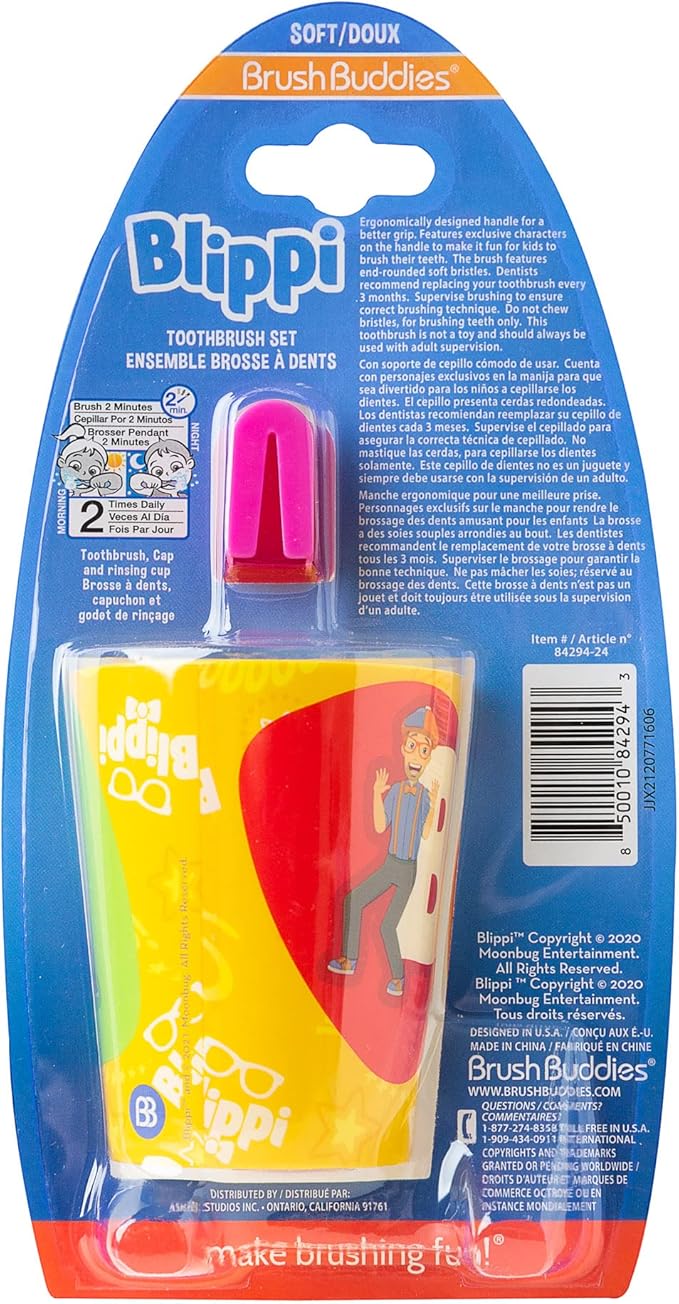 Brush Buddies Blippi Kids Toothbrushes Kit, Manual Toothbrushes for Kids, Toothbrush for Toddlers 2-4 Years, Travel Toothbrush Kit with Cover and Cup, 3PC