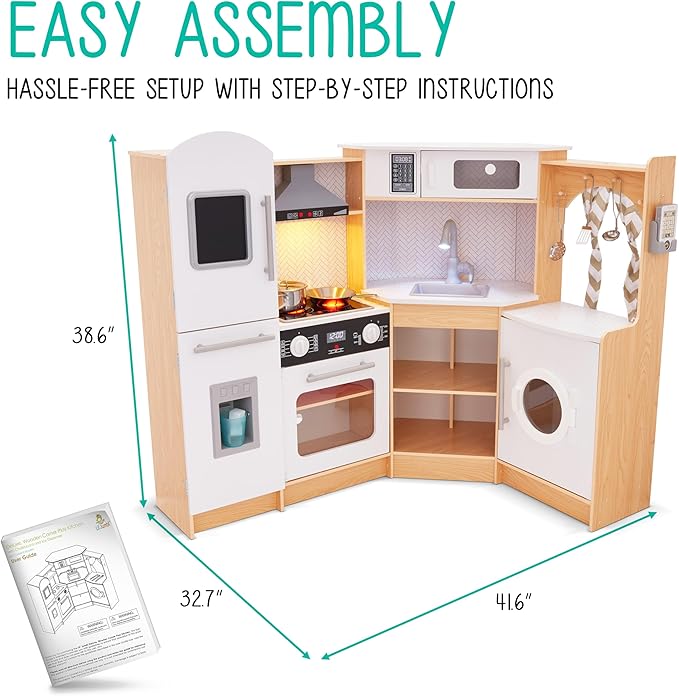 Lil' Jumbl Kids Corner Kitchen Set, Pretend Wooden Deluxe Play Kitchen, Battery Operated Icemaker, Stovetop & Faucet with Realistic Sound - Natural