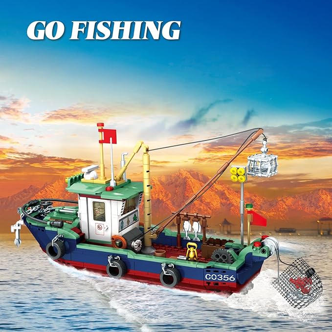 Fishing Boat Building Blocks Sets, Compatible with Lego Boat Sea Fishing Building Blocks Toy Set Collection Decoration, Gifts for Boys and Girl Ages 6-12 Years Old and up, 582 Pcs