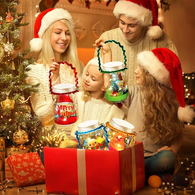 Christmas Crafts Activities For Kids Ages 3-12,4 Pack Glass Mason Jar for School Christmas Art Activities,Christmas Craft Supplies,DIY Lantern Jar for Gifts Christmas Party Favors,Classroom Prizes