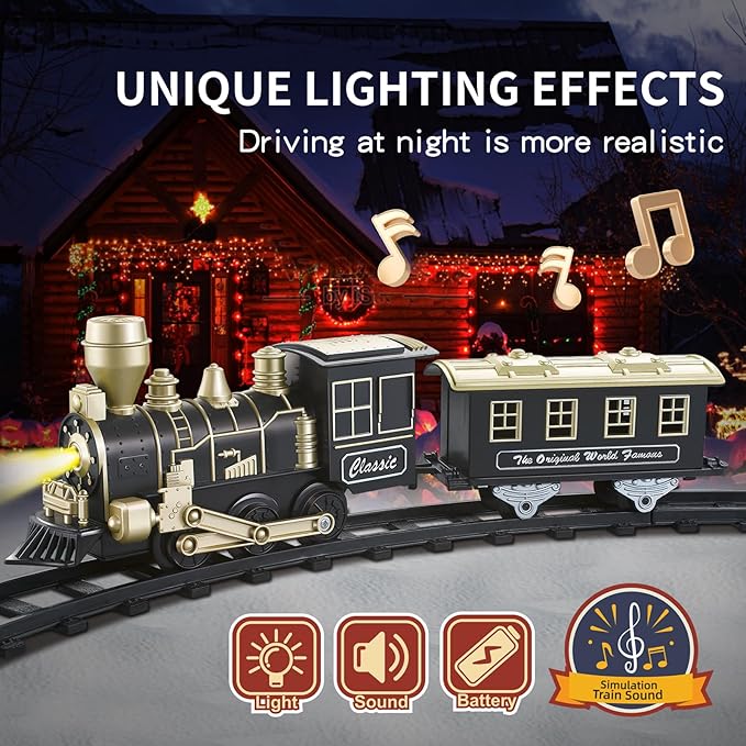 JUQU Train Set - Train Toys for Boys w/Lights & Sounds (ON/Off), Toddler Toy Train Sets w/Locomotive Engine, Cars& Tracks, Christmas Train Gift for 3 4 5 6 7 8+ Year Old Kids Birthday Gifts
