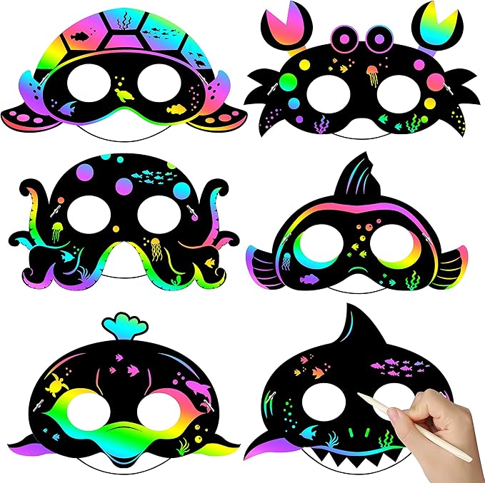 WATINC 30pcs Ocean Animals Scratch Masks for Kids, 6 Styles Summer Paper Scratch Off Art Magic Craft Party Favors Kit, DIY Under The Sea Project for School Classroom Activity Birthday Party