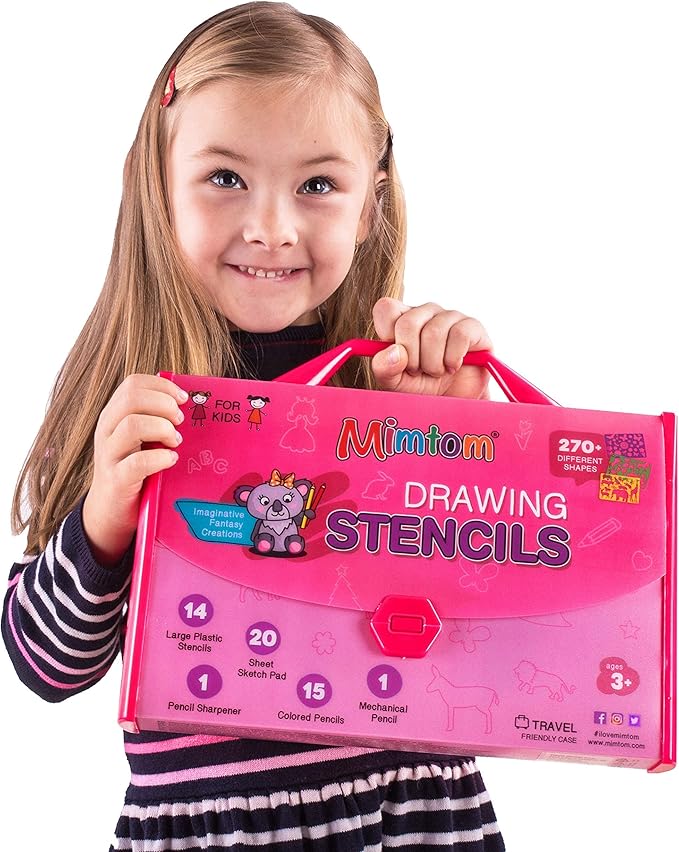 Mimtom Drawing Stencil Kit for Kids, 51 PC Art Set with 270+ Shapes, Sketch Pad, and Colored Pencils for Child's DIY Arts and Crafts, Draw with Princess, Fairies and Animal Stencils, Pink