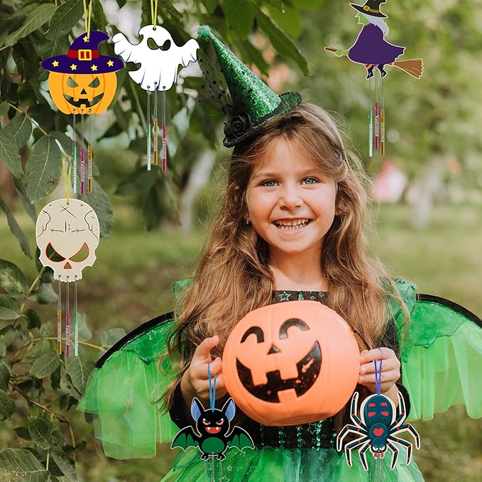 9 Pack Halloween Wind Chime Kit for Kids,Halloween Craft Kits Wooden Wind Chime Decorative Hanging Ornaments DIY Painting Craft for Boys Girls Family Activities Halloween Party Supplies