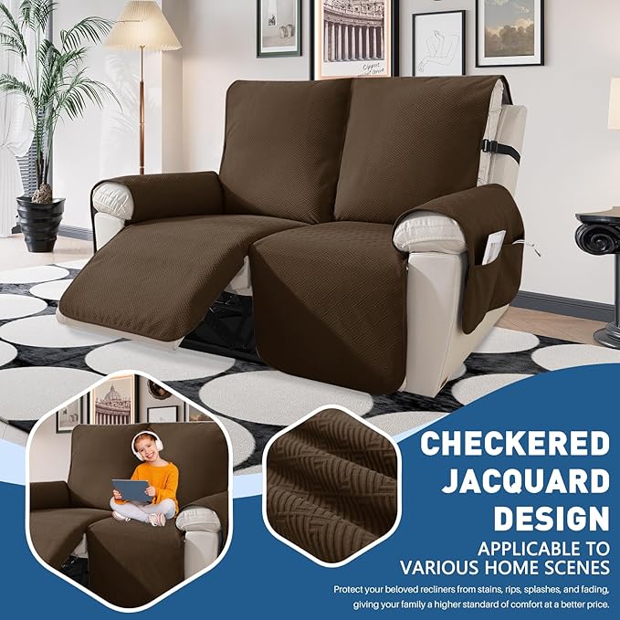 Easehomey 100% Waterproof Recliner Loveseat Covers Non-Slip Sofa Cover for Reclining Couch 2 Seat, Recliner Couch Cover Furniture Protector for Kids Pets with Elastic Band Two Pockets (Coffee, 2 Seat)