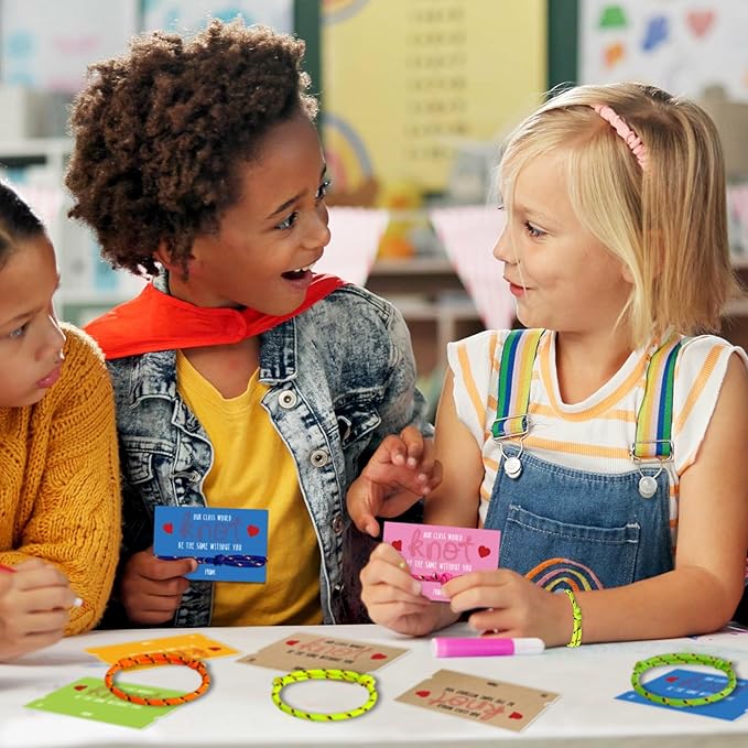 Friendship Bracelet Valentines Cards - 28Pcs Knot Bracelet Greeting Cards, Class Valentines Day Cards for Shcool Classroom Exchange, kids Valentines Day Gifts