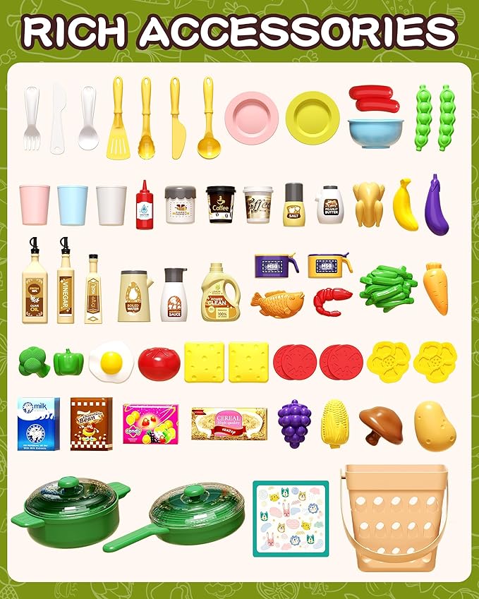 33.8IN - 70PCS Kids Kitchen Playset with Sound & Light - Cooking Stove with Steam, Play Sink and Toy Kitchen Accessories - Pretend Kitchen Play Food Toys for Kids Boys Girls - Toddler Play Kitchen Set