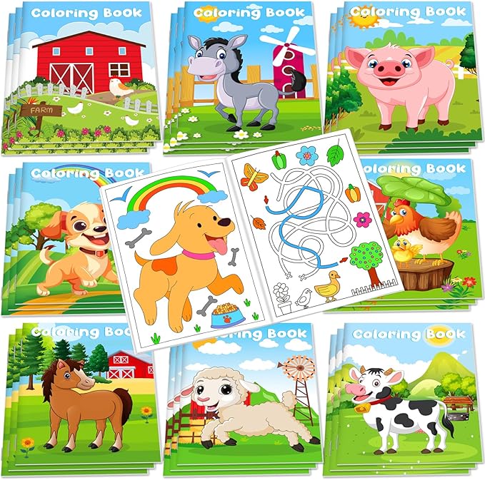 48Pcs Farm Animals Mini Coloring Books for Kids Party Favors Bulk Gift Cows Horses Barns Small Art Drawing Book for Goodie Bags Stuffer for Holiday Birthday Party School Classroom Activity Supplies
