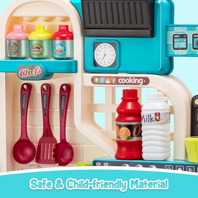 Kids Kitchen Playset-53pcs Cooking Stove,Paly Sink,Oven,Kitchen Toys with Realistic Lights&Sounds，Pretend Play Toys,Kitchen Toys for Toddler 1 2 3(Blue)