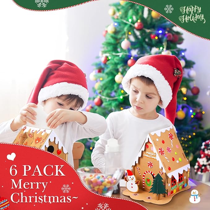 6 Sets Christmas Gingerbread House Kit Christmas Crafts for Kids Mini Christmas Cardboard Make-a-Gingerbread House Craft for Boy Girl Christmas Party Game Craft Supplies(Lovely Style)