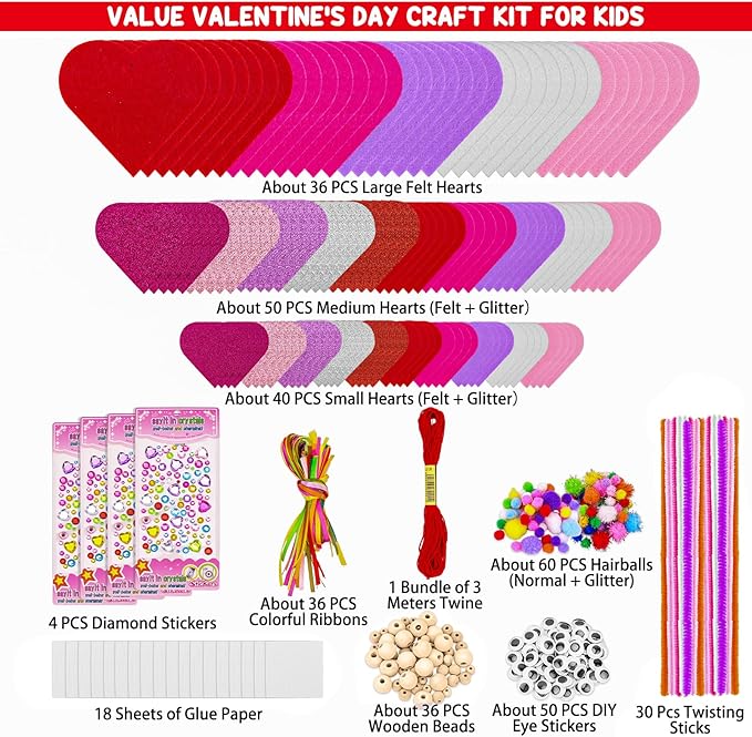 Valentines Day Crafts for Kids, 361PCS Valentines Heart DIY Crafts Felt for Class Game Activities, 108 Felt Hearts, 36 Wooden Beads, 60 Pom Poms, 50 Googly Eyes, Valentines Party Favor Crafts