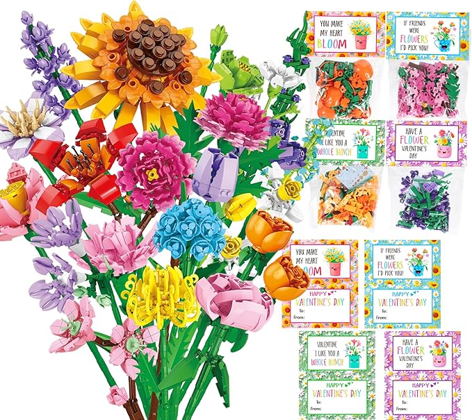 Valentines Day Gifts for Kids Teens, 24 Pack Sunflower Bouquet Building Blocks with Gift Cards for School Classroom, Bulk Boy Girl Kid Valentine Party Favors Exchange Goodie Bag Gifts Stuffers