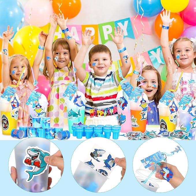 Qilery 195 Pcs Mermaid Party Unicorn Party Dinosaur Party Shark Party Favors Includes Plastic Cup with Lid Straw Keychain Bracelet Ring Stamper Stickers Tag For Party Favors Piñata Filling (Shark)