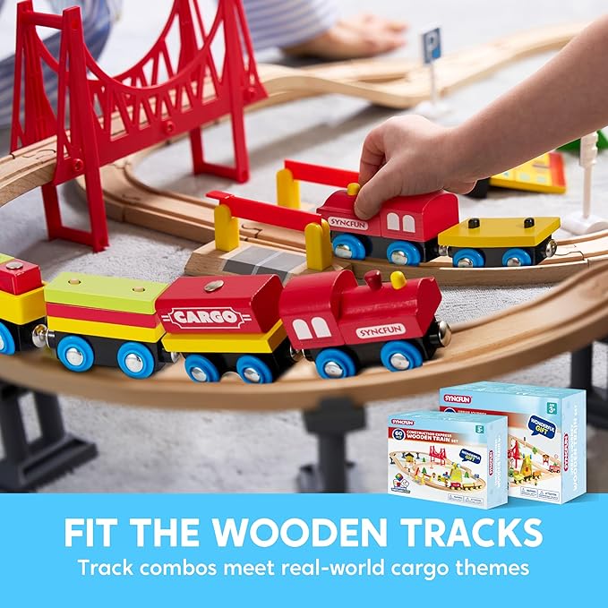 SYNCFUN Montessori Wooden Train Toy Set for Kids, 12PCS Magnetic Train Cars with Storage Gift Box, STEM Educational Toy for Boys & Girls, Ages 2-8 Years, Xmas Birthday Party Gift
