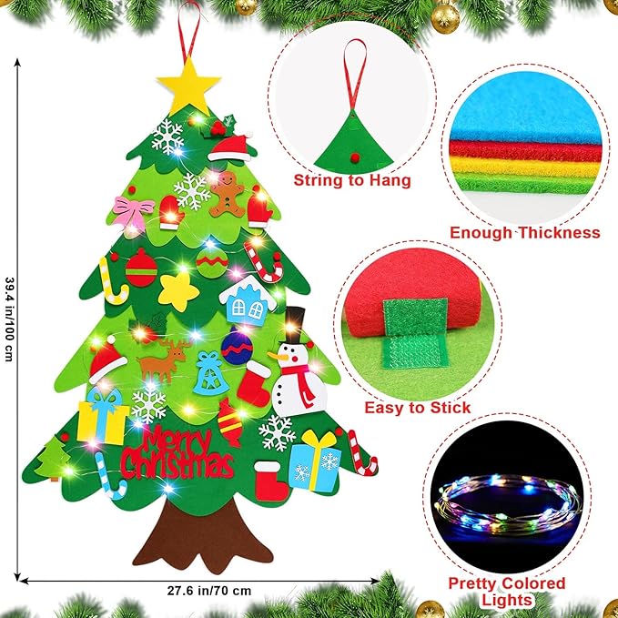 HFATMOS Felt Christmas Tree DIY Wall Hanging Xmas Tree with LED String Lights and 32 Pcs Detachable Ornaments for New Year Party Supplies Home Decor