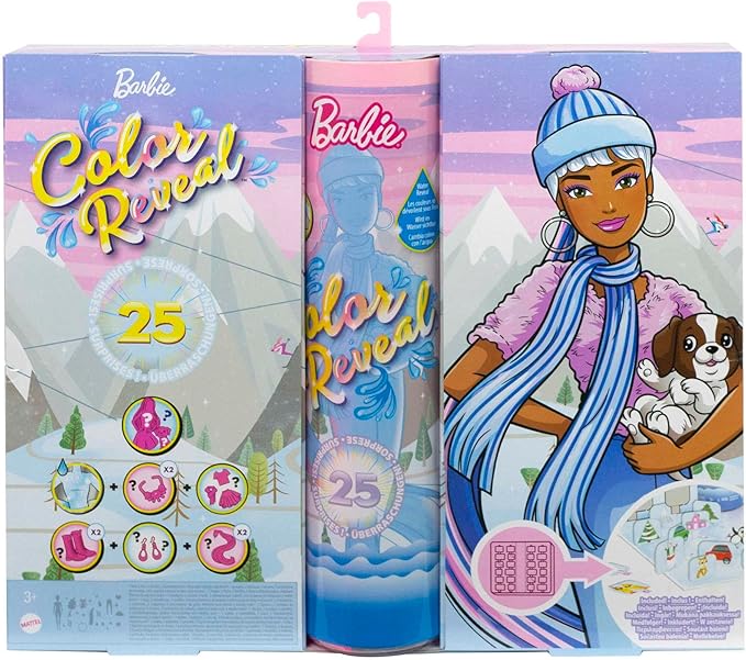 Barbie Color Reveal Advent Calendar, 25 Surprises Include Color Reveal Doll, 1 Color Reveal Pet, Clothes, Accessories & Kid-Sized Bracelet with 2 Charms, Gift for Kids 3 Years Old & Up