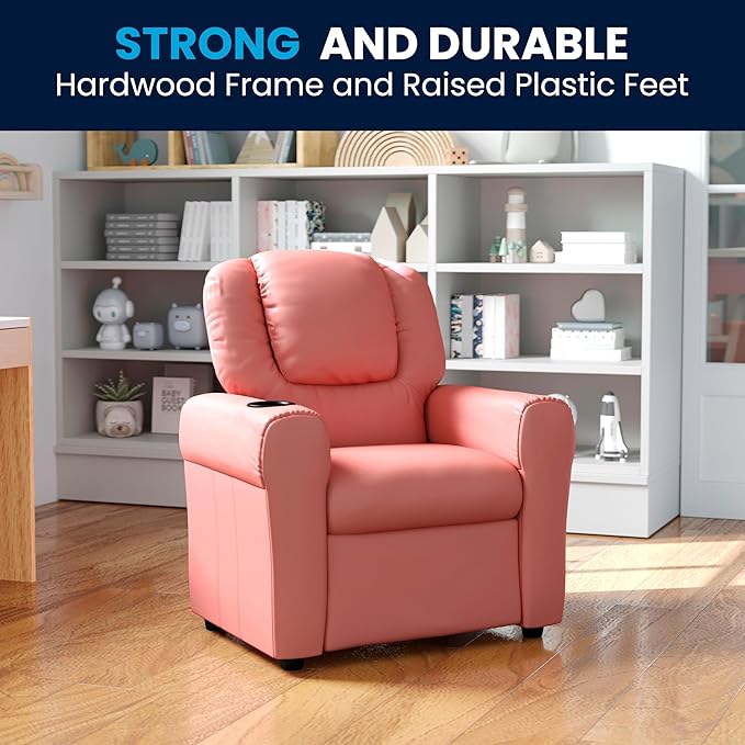 Flash Furniture Vana Vinyl Kids Recliner with Cup Holder, Headrest, and Safety Recline, Contemporary Reclining Chair for Kids, Supports up to 90 lbs., Pink
