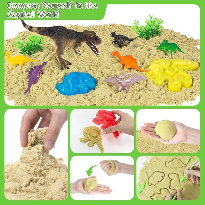YongnKids Dinosaur Sensory Bin Sandbox Toys,Sensory Sand Art Kit with 14 Dinosaur Toys & 2.2lb Magic Sand & Dinosaur Sand Molds -Fun Sand Toys Birthday for Girls Boys Toddler 3 4 5 6 7 Years Old