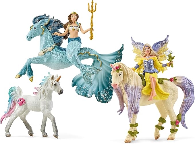 Schleich bayala 5-Piece Starter Set - Fairy Feya, Mermaid Eyela, with Unicorn, Pegasus, and Seahorse Playset - Magical and Colorful Toy Set, Enchanting Gift for Boys and Girls, Kids Age 5+