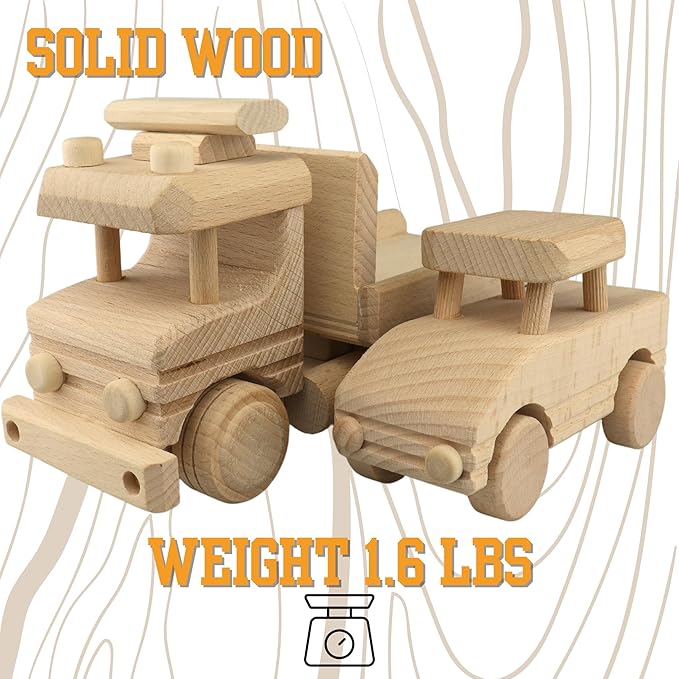 Wooden Towing Truck Toy with Wooden Car - Tow Truck - Sturdy Toy Vehicle for Toddlers - DIY Toys - Semi Trailer Truck Prepared for Paint - Wooden Trucks