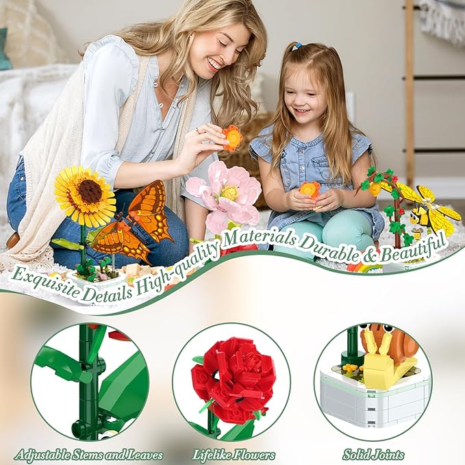 Flowers and Plant Building Set with Insects, (1214PCS) 6 Flowers Botanical Bonsai Building Set for Adults, Kids, Idea Gifts for Mother's Day, Birthdays, Creative Building Block Toys Decor for Home