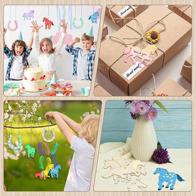 Fennoral 30 Pack Wooden Horse Craft for Kids Unfinished Wooden Cutouts Horse Horseshoes for Girls Boys Paint You Own Horse Dream Catcher Craft for Kids DIY Art Activity Party Favors Decoration