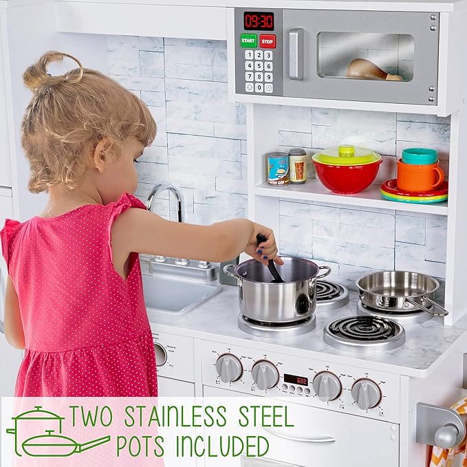 Lil' Jumbl Kids Kitchen Set, Pretend Wooden Play Kitchen, Battery Operated Icemaker & Microwave with Realistic Sound, Pots & Pan Included - White