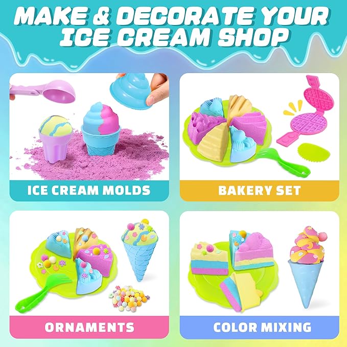 Sensory Bin - Baking & Ice Cream Making Set with 3.3lb Play Sand, Waffle Cake Molds and Sand Tools, Ice Cream Toy Shop, Gifts for Girls & Boys