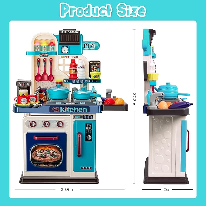 Kids Kitchen Playset-53pcs Cooking Stove,Paly Sink,Oven,Kitchen Toys with Realistic Lights&Sounds，Pretend Play Toys,Kitchen Toys for Toddler 1 2 3(Blue)