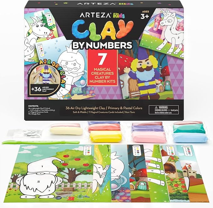 Arteza Kids Air-Dry Clay, 36 Bars, Magical Creatures Modeling Clay-by-Numbers Kit, 7 Magical Cards, 14 Googly Eyes, Craft Supplies for Learning Centers and Educational Playtime