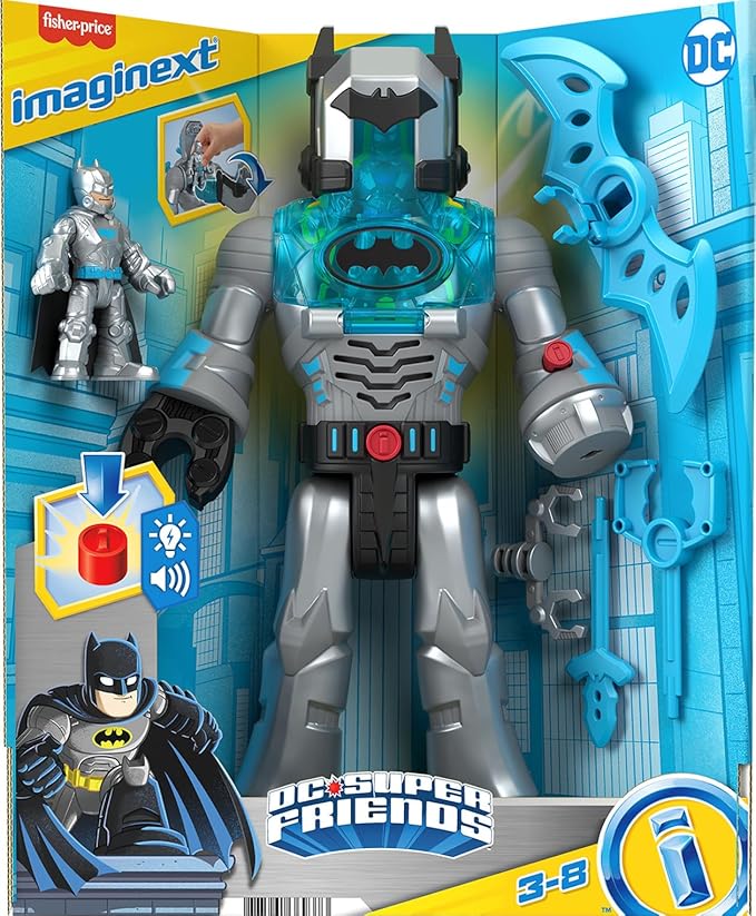 Fisher-Price Imaginext DC Super Friends Batman Toy Insider & Exo Suit 12-Inch Robot with Lights Sounds & Figure for Ages 3+ Years, Defender Grey