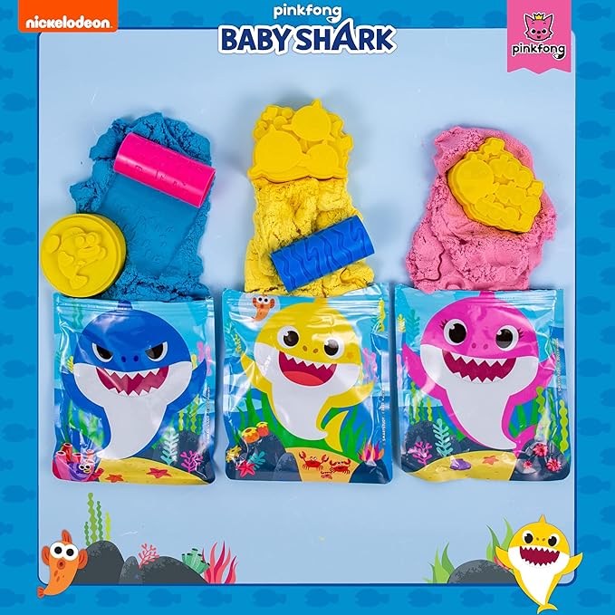 Horizon Group USA Baby Shark SLIMYGLOOP Slimy Sand, Includes 15 Oz. Stretchable, Moldable, Expandable Non-Stick Slimy Play Sand in 3, 3 Molds & 2 Impression Rollers Included