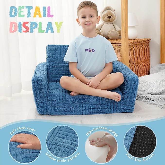 Kids Sofa, Toddler Chair, 2-in-1 Flannel Kids Fold Out Couch, Toddler Convertible Sofa to Lounger, Flip Open Toddler Couch for Kids (Blue)