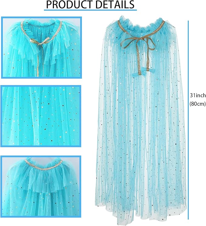 Princess Cape Set Dress Up Accessories Party Cosplay Cloak Costumes with Tiara Crown Wand Wig Golves for Little Girls