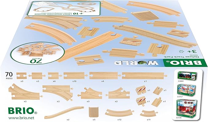 BRIO 36030 World Deluxe Track Pack - 70 Piece Wooden Train Set for Children 3 Years and Up | FSC-Certified Beech Wood | Compatible with All BRIO Railway Sets & Accessories | Ideal for Creative Play