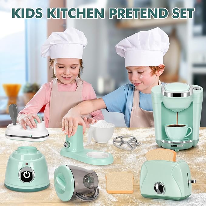 Pretend Play Kitchen Appliances Toy Set with Coffee Maker Machine, Mixer, Toaster, Blender, Kids Kitchen Playset, Play Kitchen Accessories with Sound & Light, Birthday Gifts for Kid Girls Ages 3-5 4-8