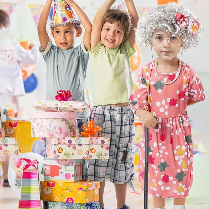 Old Lady Costume for Kids Girls, 9Pcs 100th Days of School Grandma Outfits with Wig Cane, Granny Cosplay Dress Up