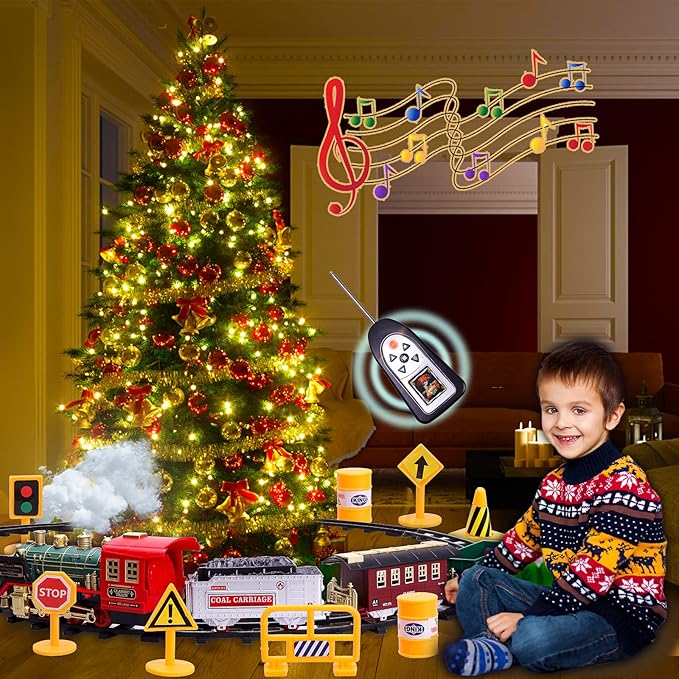 Train Set, Remote Control Train Sets, Christmas Train Sets for Under The Tree, Steam Locomotive Engine with Smokes, Sounds and Light, Electric Train Toy Gift Toys