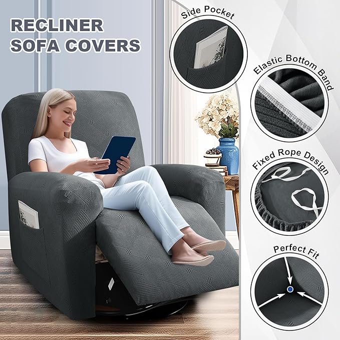 JIVINER Recliner Couch Cover, Jacquard 5 Piece Stretch Sofa Covers for 3 Cushion Reclining Lazy Boy Soft Washable Sofa Slipcovers Protector with Pockets (Recliner Sofa, Dark Gray)