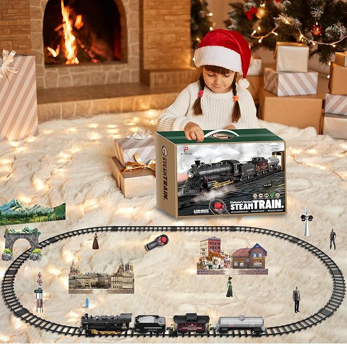 Electric Remote Control Train Set Christmas Trains Steam Locomotive, Cargo Car & Tracks, Rechargeable Train Toys for Kids w/3 Smoke,Whistle & Lights, Christmas Birthday Gift for Boys Girls 3 4 5 6 7